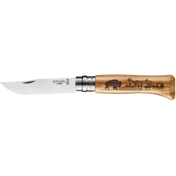 Нож OPINEL №8 ANIMALIA нержавеющая сталь, рукоять дуб, гравировка бизон